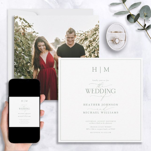 Convite Foto do Monograma da Caligrafia Verde Elegante Sag (Criador carregado)