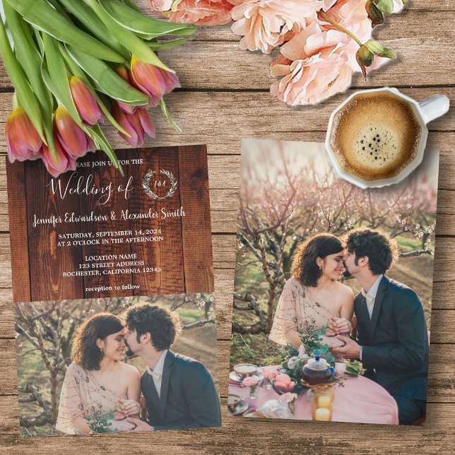 Convite Foto do monograma de madeira de celeiro russo Casa (Rustic barn wood monogrammed photo country wedding invitation. )