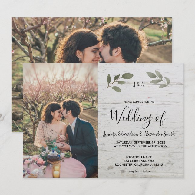 Convite Foto do monograma de madeira rustica Casamento (Frente/Verso)