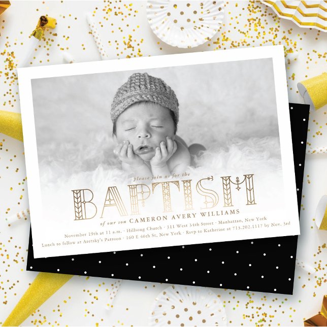 Convite Foto do Na moda do Batismo Boho Elegante Faux Gold (Boho Elegant Faux Gold Foil Stylish Chic Modern Baptism Religious Photo Invitation @ fat_fa_tin)