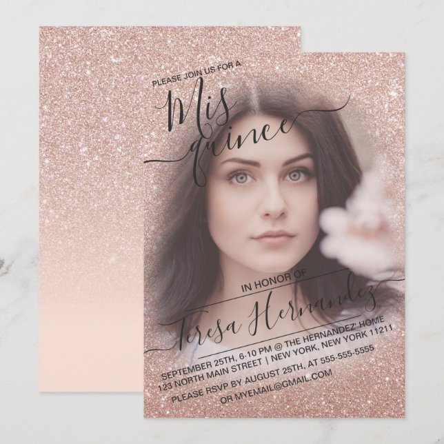 Convite Foto do Ombre Glitter Glitter rosa Dourado Quincea (Frente/Verso)