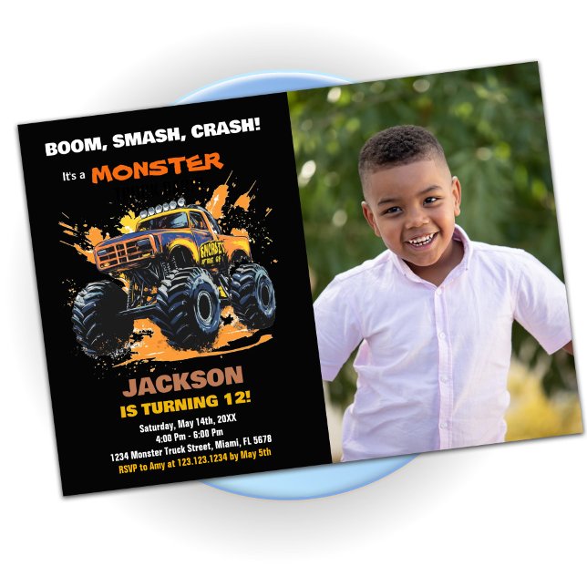Convite Foto do Orange Monster Truck Birthday Invents (Orange Monster Truck Birthday Invitations photo)