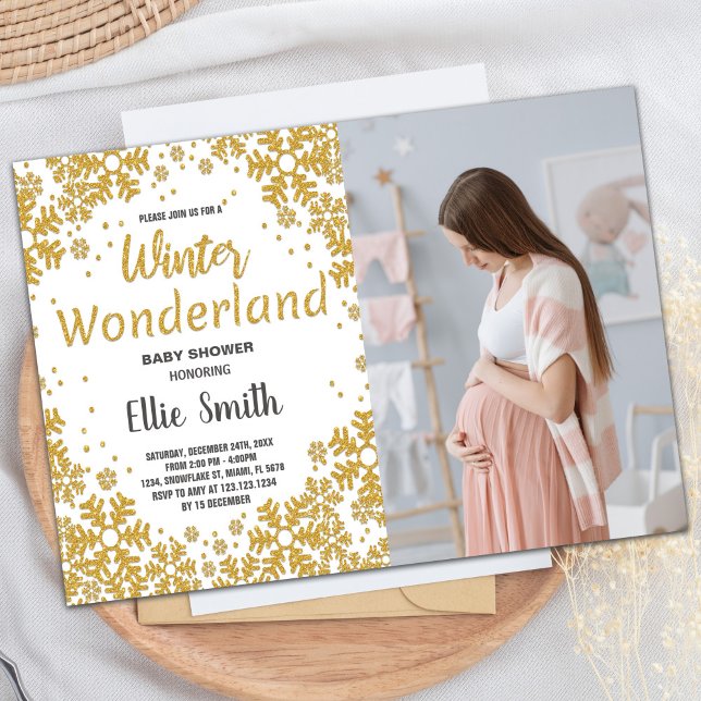 Convite Foto do Ouro do Winter Baby Shower (Winter Baby Shower Invitations Golden Photo)