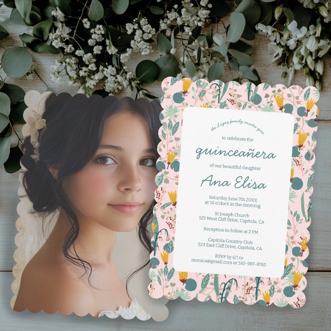 Convite Foto do padrão do Primavera de Floral Quinceañera (Floral Spring Garden Pattern PHOTO Quinceañera Invitation
)