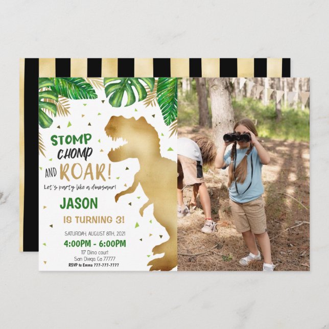 Convite Foto do Partido Dinossauro aniversário de 3 anos (Frente/Verso)