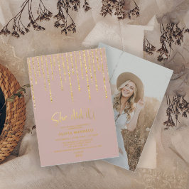 Convite Foto do Partido do Formando Glitter Dourado Rosa d