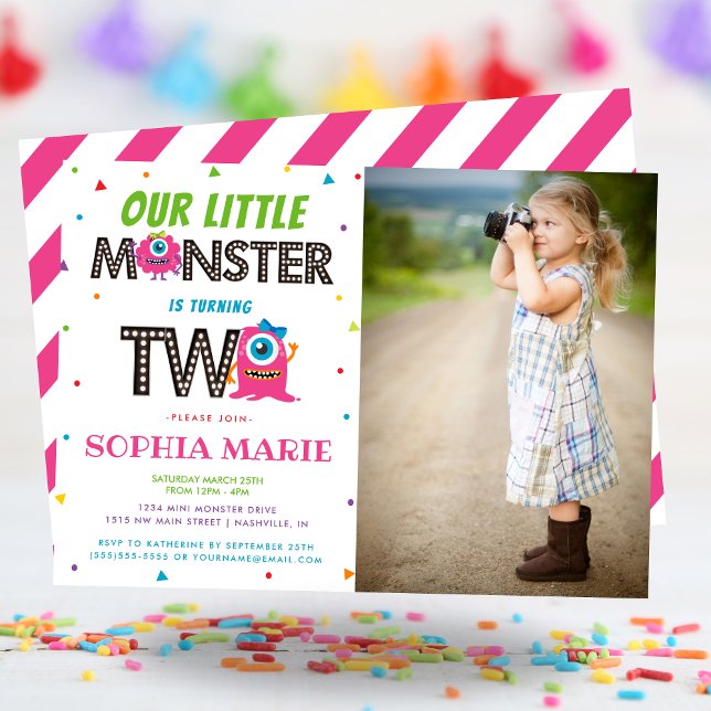 Convite Foto do Partido do segundo aniversário de Monstro  (Cute Girls Pink Monster 2nd Birthday Party Photo Invitation)