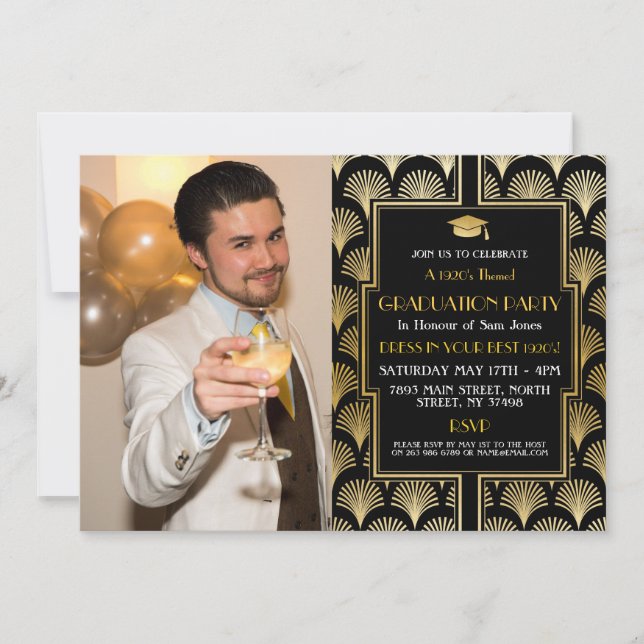 Convite Foto do Partido Gatsby de Graduação Dourada de Art (Frente)