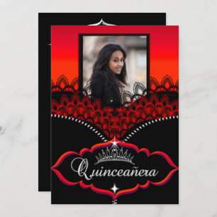 Convite Foto do Partido Quinceanera Red Black Lace Girl