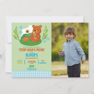 Convite Foto do Picnic Birthday Park Blue do Teddy Bear