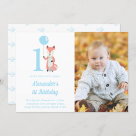 Convite Foto do primeiro aniversario Azul Whimsical Fox &