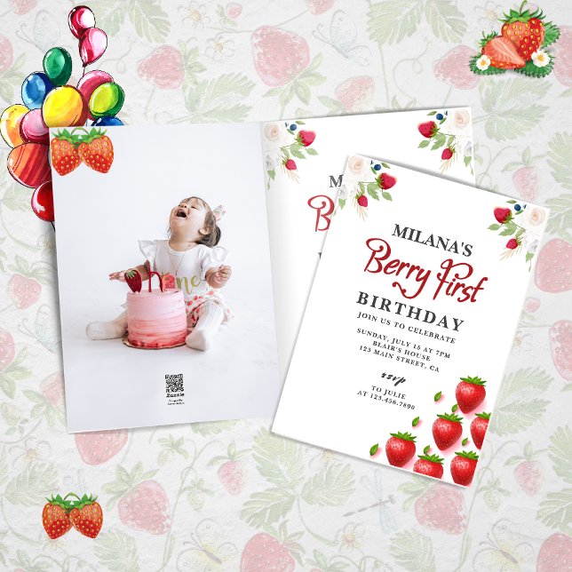 Convite Foto do primeiro aniversario Berry First Strawberr (Berry first girl 1st birthday card )