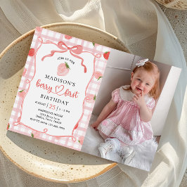 Convite Foto do primeiro aniversario Berry First Strawberr