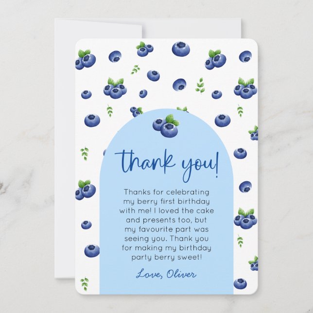 Convite Foto do primeiro aniversario Blueberry Obrigado (Frente)
