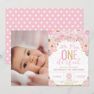 Convite Foto do primeiro aniversario Blush Floral Miss One
