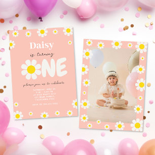 Convite Foto do primeiro aniversario Boho Pink Cute Daisy 