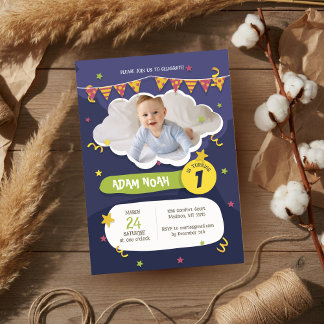 Convite Foto do primeiro aniversario Bold Purple Green Con