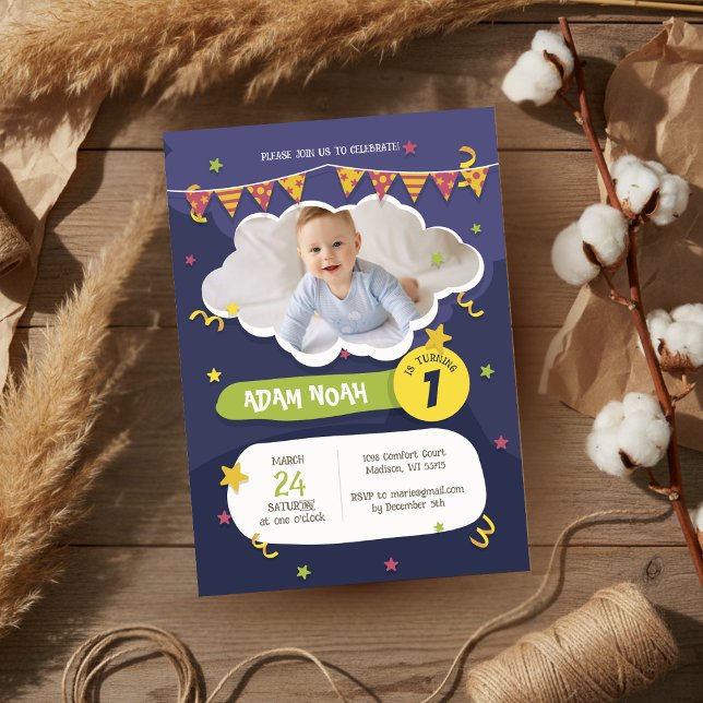 Convite Foto do primeiro aniversario Bold Purple Green Con (Criador carregado)