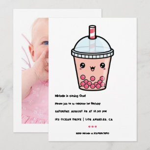 Convite Foto do Primeiro Aniversário com Kawaii Boba Tea