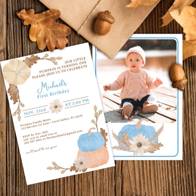Convite Foto do Primeiro Aniversário da Abóbora Azul (Blue Pumpkin - Our Little Pumpkin Birthday Party Invitation)