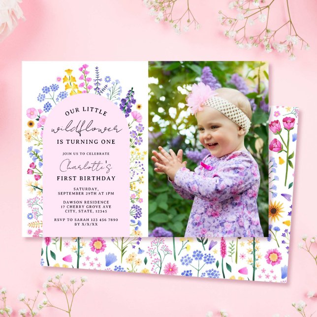 Convite Foto do primeiro aniversario da Little Wildflower  (Little Wildflower Baby Girl 1st Birthday Photo Invitation)