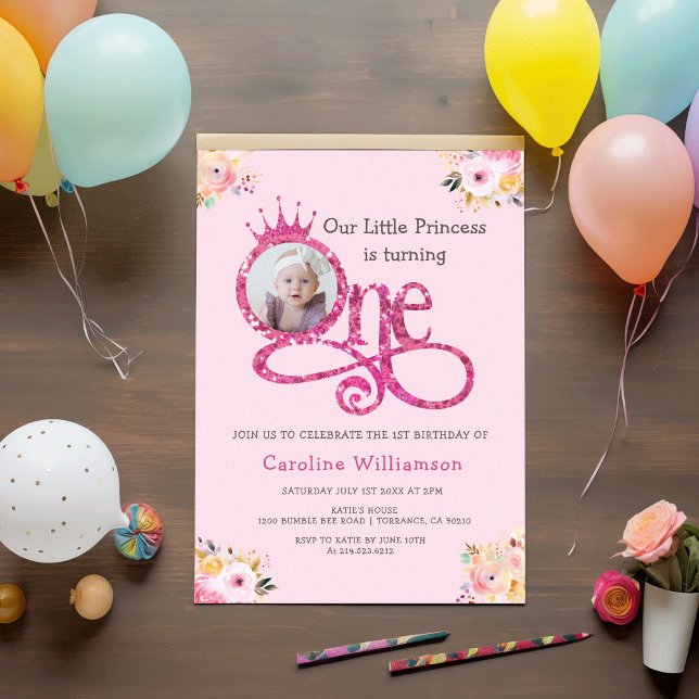 Convite Foto do primeiro aniversario da Princesa (Little Princess 1st Birthday Photo Invitation)