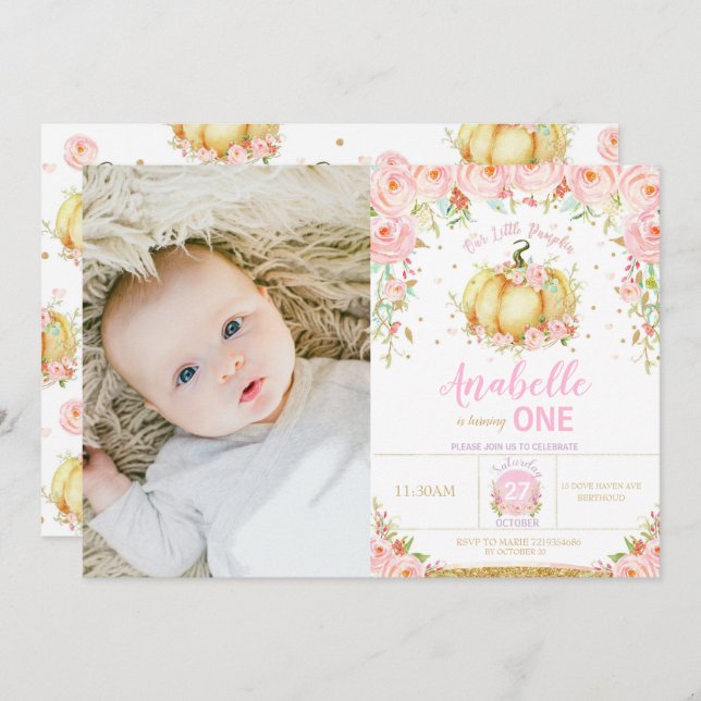 Convite Foto do primeiro aniversario de Abóbora Pequena Fe (Frente/Verso)