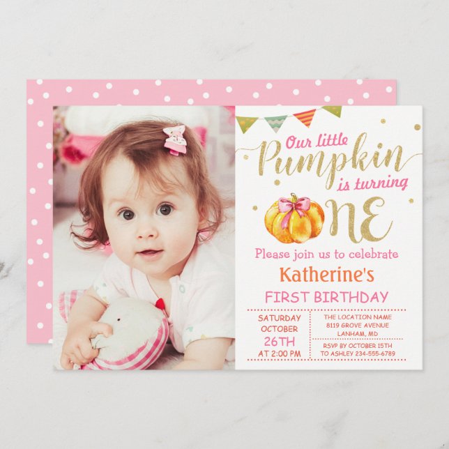 Convite Foto do primeiro aniversario de Bebê da Pumpkin Do (Frente/Verso)