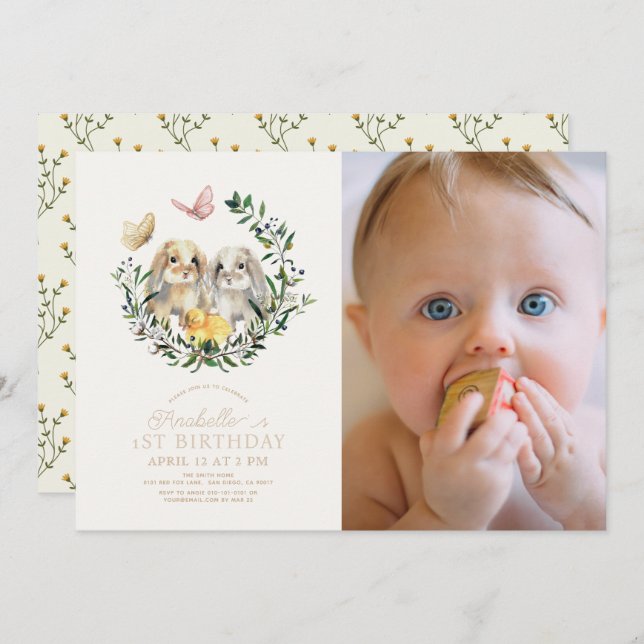 Convite Foto do primeiro aniversario de Borboleta Coelho C (Frente/Verso)