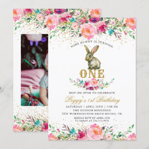 Convite Foto do primeiro aniversario de Bunny Floral Belo 