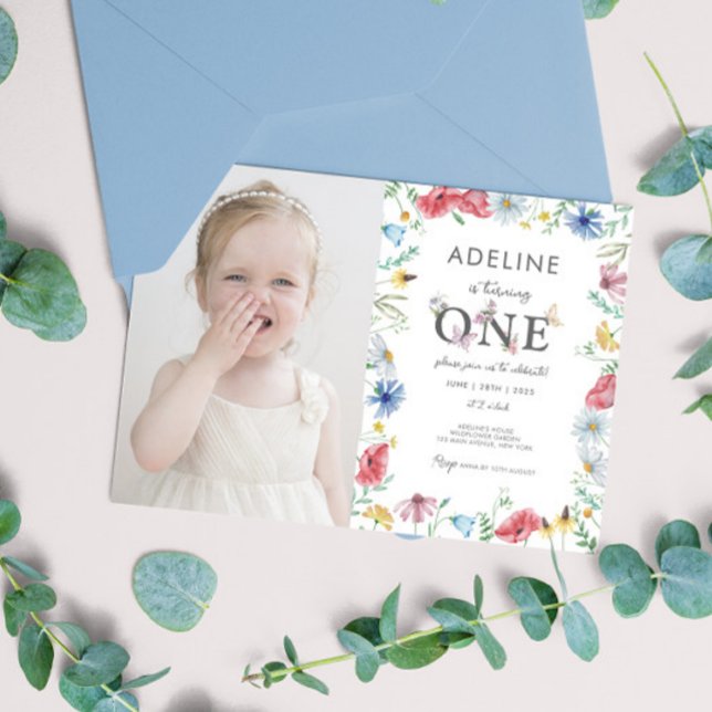 Convite Foto do primeiro aniversario de Garota do Tema de  (Wildflower Wild One Baby Girl Photo Digital Printable Invitations Personalized Picture Download)