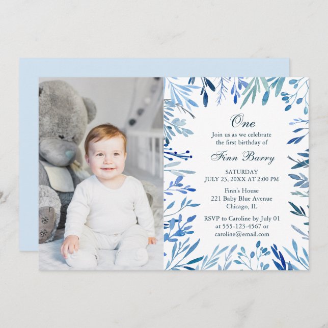 Convite Foto do primeiro aniversario de Menino Floral Azul (Frente/Verso)