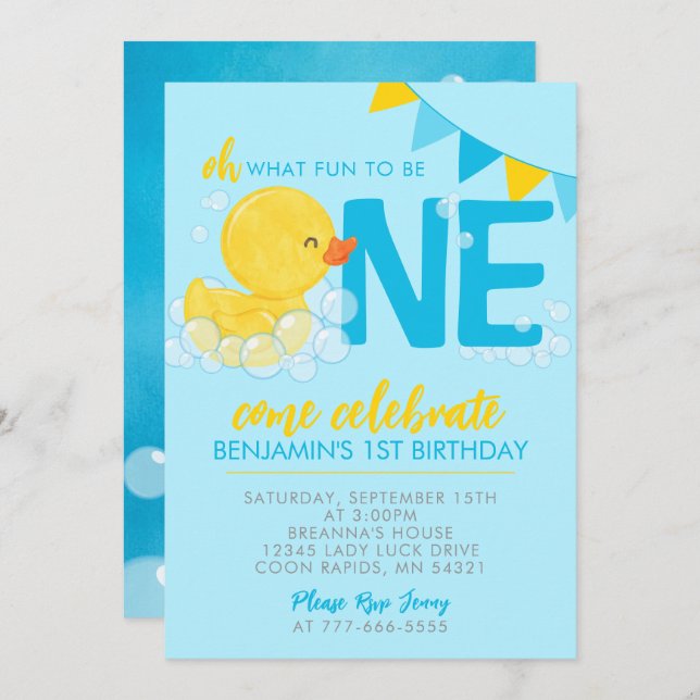 Convite Foto do primeiro aniversario de Pato de Borracha B (Frente/Verso)