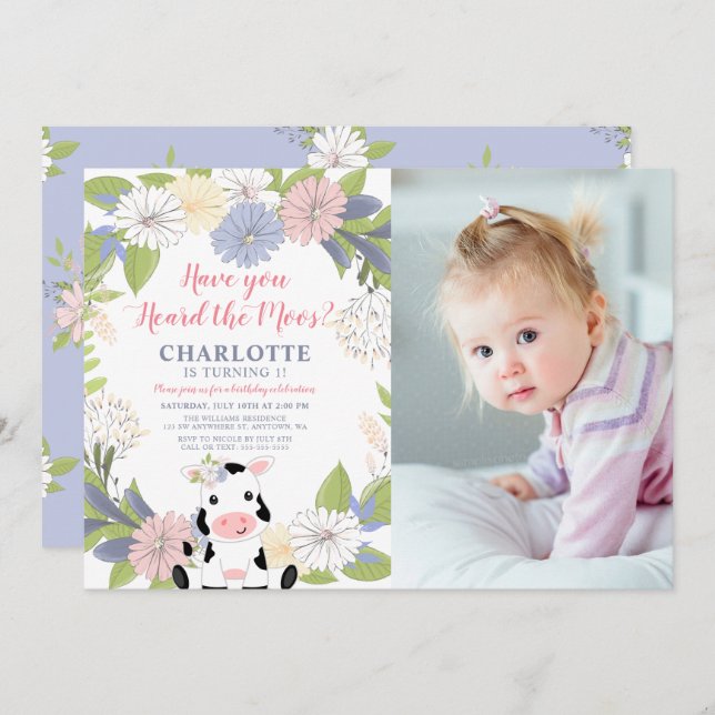Convite Foto do primeiro aniversario de Vaca Floral Wreath (Frente/Verso)