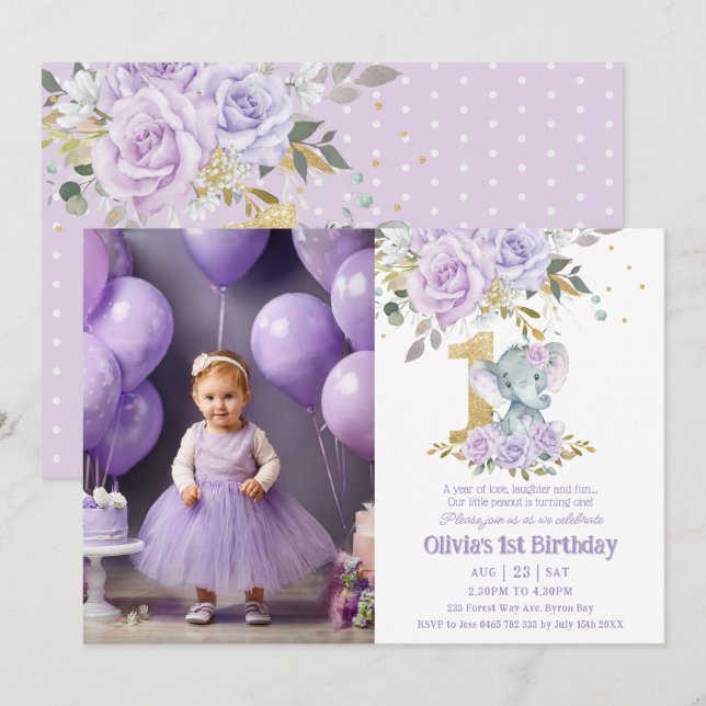 Convite Foto do primeiro aniversario do Elefante Floral Cu (Frente/Verso)