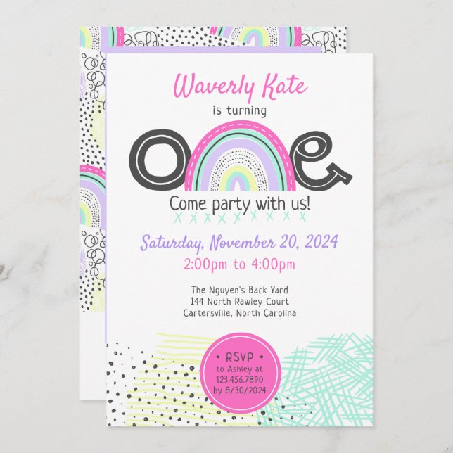 Convite Foto do primeiro aniversario do Rainbow Baby Girl  (Frente/Verso)