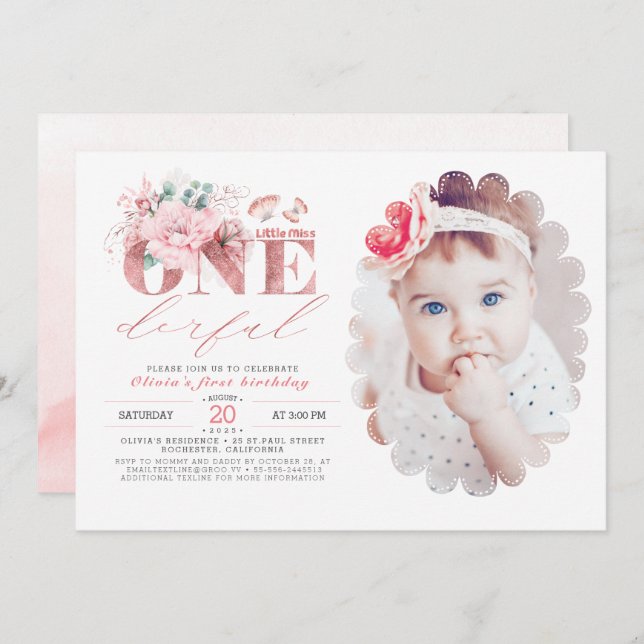 Convite Foto do primeiro aniversario Dourado da Menina ONE (Frente/Verso)