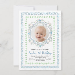 Convite Foto do primeiro aniversario Floral Blue Baby