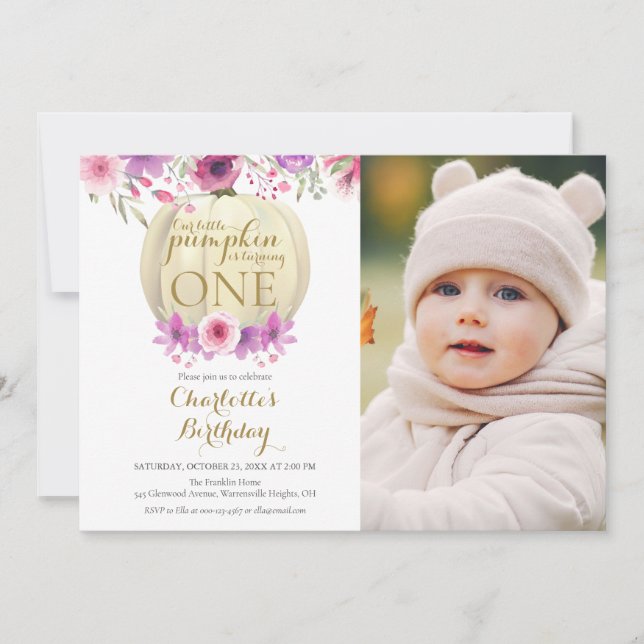 Convite Foto do primeiro aniversario Floral Little Pumpkin (Frente)