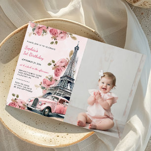 Convite Foto do primeiro aniversario Floral Paris Eiffel T