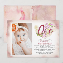 Convite Foto do primeiro aniversario Floral Rosa