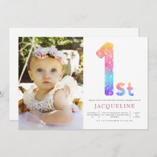 Convite Foto do primeiro aniversario Girls Rainbow