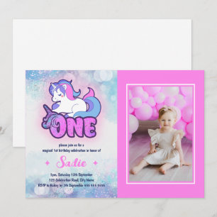Convite Foto do primeiro aniversario Mágico Púrpura do Uni
