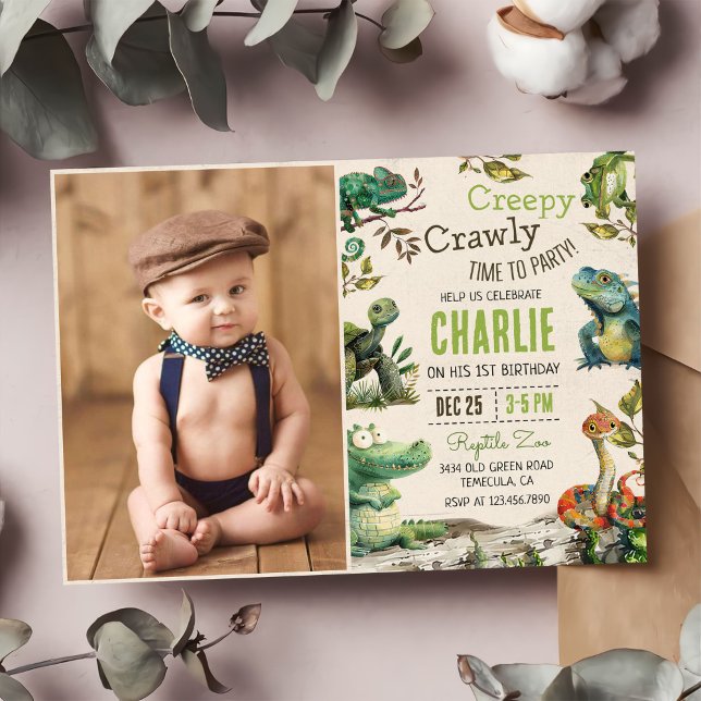 Convite Foto do primeiro aniversario para crianças répteis (Criador carregado)