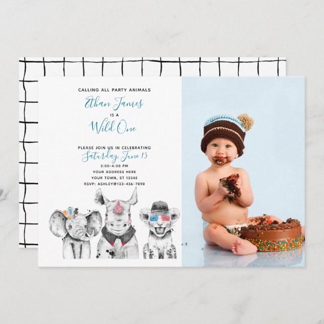 Convite Foto do primeiro aniversario Safari Baby Boy de Um (Frente/Verso)