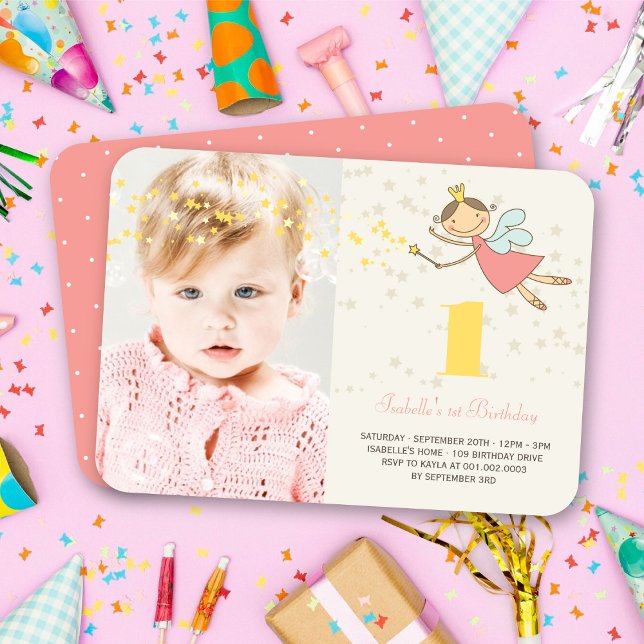 Convite Foto do primeiro aniversario Whimsical Fairy Princ (Whimsical Pink Magical Fairy Princess Girl's 1st Birthday Party Photo Invitation @ fat_fa_tin)
