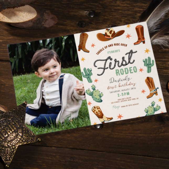 Convite Foto do primeiro aniversario Wild West Boy (Baby Boy first rodeo wild west invitation cowboy photo invitation digital editable template cute)