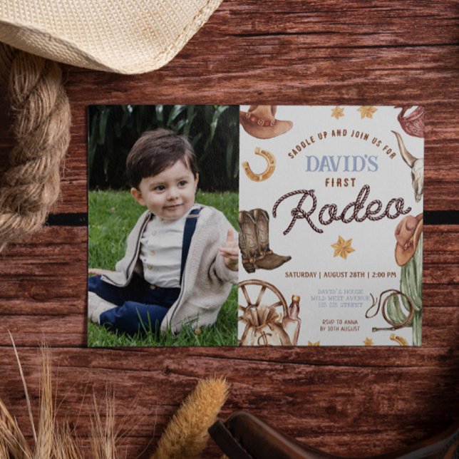 Convite Foto do primeiro aniversario Wild West First rodeo (Boy 1st Birthday Cowboy Wild West Printable Digital Download Invitations template)