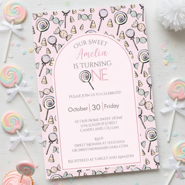 Convite Foto do primeiro primeiro aniversario cor-de-rosa (Pink Sweet One Baby Girl Birthday Invitations. Lollipop & Candy Pattern for Cute Kids Birthday Party)