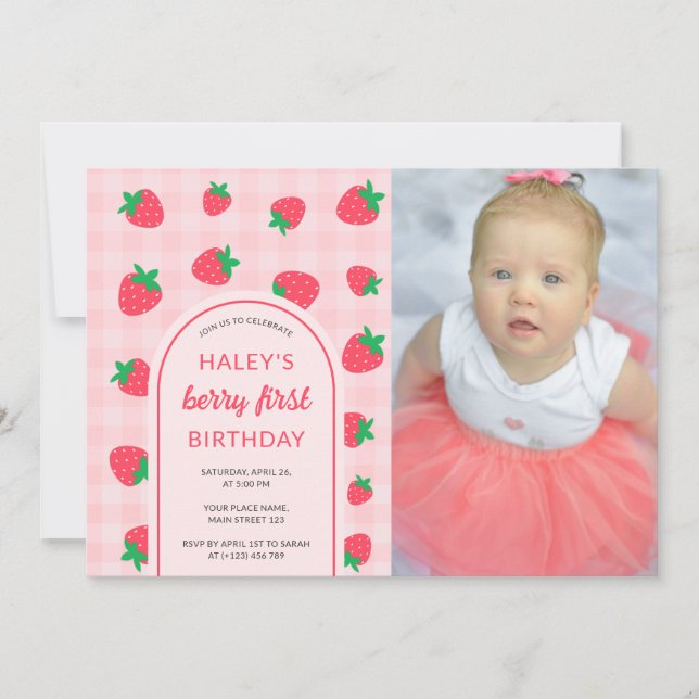 Convite Foto do Primeiro primeiro aniversario Strawberry C (Frente)